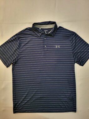 Under Armour The Playoff Polo Men's L Navy Stripe Golf Performance Stretch Logo